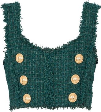 Balmain 6-Buttons tweed cropped top - women - Cotton - 40 - Green
