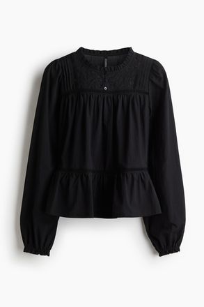 H&M Bestickte Baumwollbluse - Schwarz