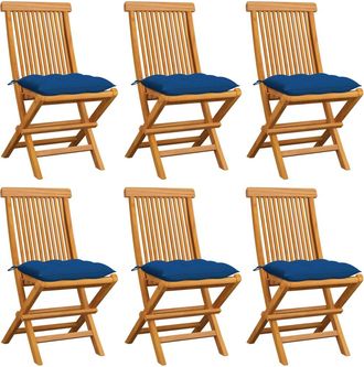 vidaXL Sillas De Jard&iacute;n 6 Uds Madera Maciza De Teca Con Cojines Azules Vidaxl