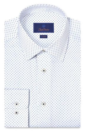 David Donahue Trim Fit Neat Print Cotton Dress Shirt in White/Navy at Nordstrom, Size 15.5 - 32