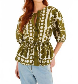 Farm Rio Palermo Drawstring Blouse In Green
