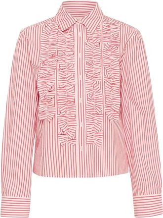 Part Two Rode Gestreepte Blouse met Ruches - Dames - Overhemden - Veelkleurig - L - Katoen - Overhemden