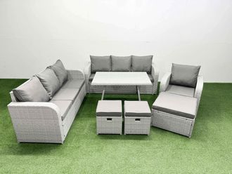 Fimous 7 Pieces Outdoor PE Rattan Garden Furniture with 3 Stool Light Grey