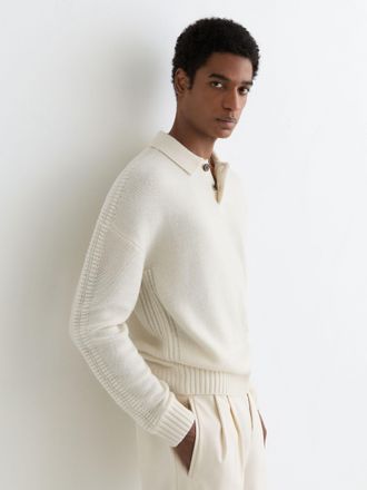 Reiss White Wool-blend Half-button Polo Jumper, 2XL