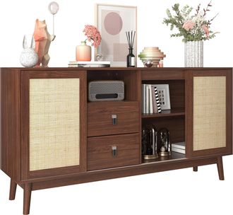 STILVORA Aparador Con 3 Puertas Correderas De Rat&aacute;n Y 2 Cajones, Estilo Natural, En Mdf, 155&times;38&times;80 Cm, Madera