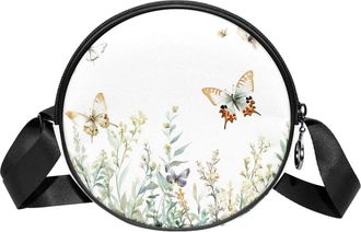 Generic Circle Crossbody Bag for Women, Watercolor Butterfly Flower Small Sling Bag Daypack with Zipper Adjustable Shoulder Straps Casual Ladies Girls Round P