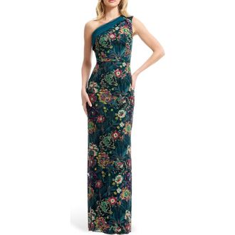 Dress The Population Sawyer Beaded Sequin One-Shoulder Gown in Peacock Blue Multi at Nordstrom, Size X-Large