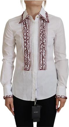 Dolce & Gabbana Lace Lange Mouw Top met Rucheskraag - Dames - Overhemden - Wit - XS - Katoen - Overhemden