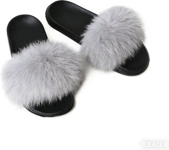 Generic Slippers for Women Ladies Faux Fur Slip On (Gray, 9/10, Adult, Women, 9, Numeric Range, UK Footwear Size System, 10, Medium)