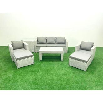 Fimous Rattan Garden Furniture Set 7 Seater Outdoor Garden Sofa 2 Chairs Oblong Coffee Table Set with 2 Stools Side Table Light Grey Mixed - Fimous