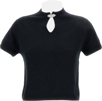 Barrie Short-Sleeved Wool Top With Rhinestone Brooch And Keyhole Neckline