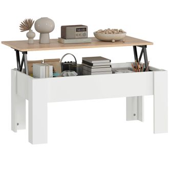 OEM Mesa De Centro Elevable Con Encimera Elevable Con Espacio Oculto De Almacenaje 100x50x45-58,5 Cm Blanco Y Natural