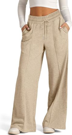 Generic Womens Wide Leg High Waist Drawstring Sweatpants Casual Baggy Elastic Waist Joggers Pants with Pockets (Khaki,M)