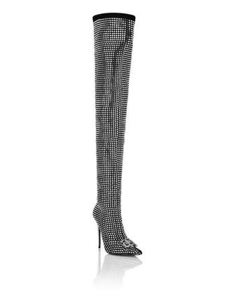 Philipp Plein Suede Strass Boots Hi-Heels Overknees Gothic Plein Women in Black/crystal at Nordstrom, Size 39