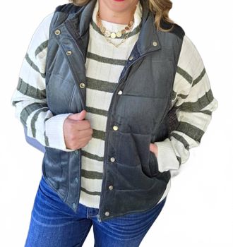 Staccato Mini Cord Snap Zipper Vest In Dark Green