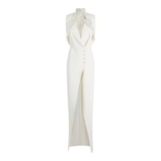Elisabetta Franchi Gowns, female, White, Size: XS Crepe Evening Dress with Satin Lapels and Side Slit