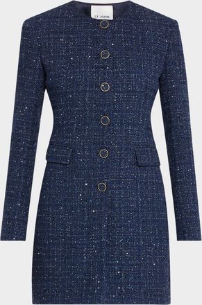 St. John Sequined Micro Check Tweed Long Jacket