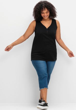 Sheego Tanktop SHEEGO, Damen, Gr. 44, schwarz, 100% Baumwolle, unifarben, V-Ausschnitt, Tops Tanktop