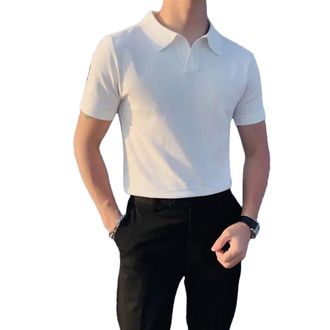 Generic Mens Knitted V-Neck Slim Polo Shirts Streetwear Short Sleeve Business Tops White M
