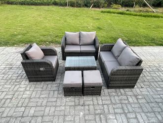 Fimous High Back Rattan Garden Furniture Set with Loveseat Sofa Rectangular Coffee Table 2 Small Footstools Indoor Outdoor Patio Lounge Sofa Set