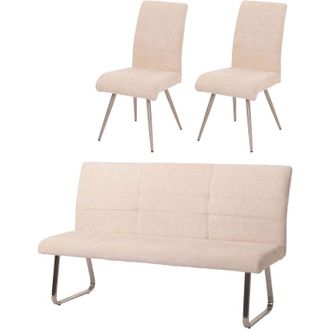 Hhg Juego De Comedor Hhg-221, Juego De 2 Sillas + Banco 180cm, Acero Inoxidable Cepillado Tela/textil Chenilla, Crema
