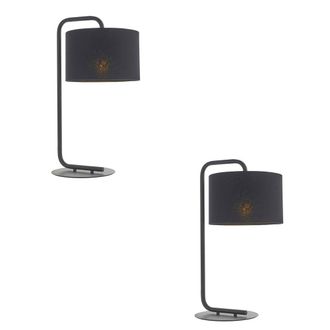 Loops 2 PACK Satin Black Table Lamp - 23cm Fabric Cylinder Shade - Bedroom Desk Light