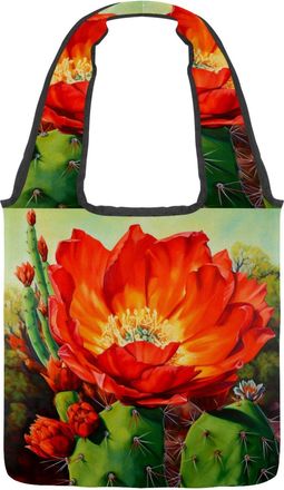Generic Red Cactus Flowers Reversible Canvas Shoulder Tote - Double-Sided Print, 12oz Cotton, 27cm Drop, Fold-Flat Bag for Travel, Shopping, Street Outings