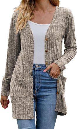 Generic Ladies Longline Cardigan UK Plus Size Long Sleeve Solid Colour Duster Cardigan with Button Chunky Knit with Pocket V Neck Coat Vintage