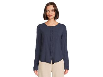 Mod-o-doc Long Sleeve Exposed Seams Button-Up Slim Cardigan Womens Clothing Vibrant Navy : MD (US 8-10), Cotton