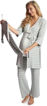 Everly Grey Analise During & After 5-Piece Maternity/Nursing Sleep Set for Mom & Baby in Heather Grey Stripe at Nordstrom, Size X-Large