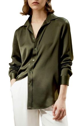 LilySilk Tailored Button Down Silk Shirt in Dark Olive at Nordstrom, Size 16