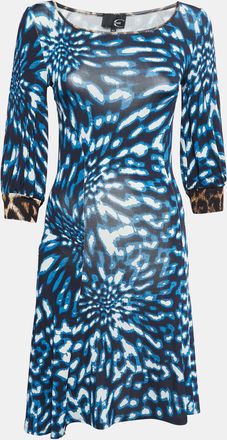 Just Cavalli Blue Printed Jersey Long Sleeve Midi Dress