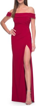 La Femme Off the Shoulder Jersey Dress with Ruching and Slit in Red at Nordstrom, Size 8