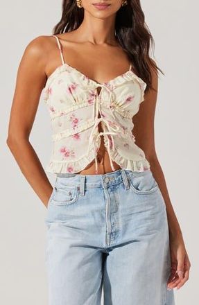 ASTR the Label Islah Floral Ruffle Tie Front Crop Camisole in Ivory Pink Floral at Nordstrom Rack, Size X-Small
