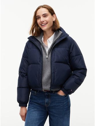 Tommy Hilfiger Womens Water-Resistant Cropped Puffer Jacket - Navy Blue - XXL