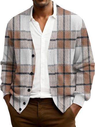 Generic Mens Knitted Cardigan Classic Plaid Cardigans V Neck Button Jumper Winter Warm Casual Long Sleeve Wool Blend Sweater