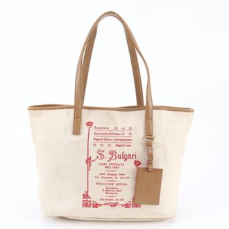 Bulgari Beige Leather Canvas Handbag Shoulder Bag Tote Bag (Pre-Owned)