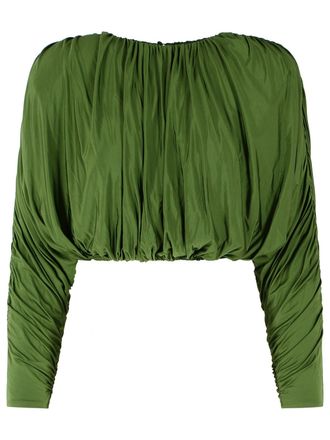 Self Portrait Olive Ruched Viscose-Blend Cropped Top