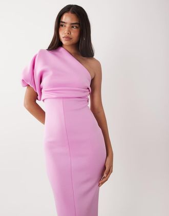 Asos Vestito lungo monospalla stropicciato in tessuto stile scuba lilla-Viola