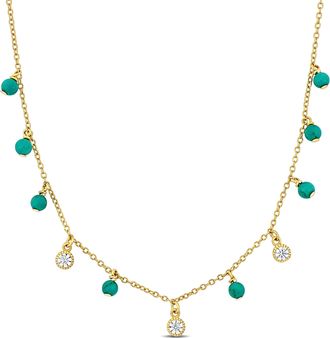 Mimi & Max Cretaed White Sapphire Turquoise Beads Station Necklace Yellow Silver-16 + 2 ext