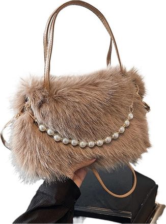 Generic Womens Plush Bags Pearl Handle Womens Plush Crossbody Bag Portable Handbag Winter Fashion Casual Shoulder(Coffee)