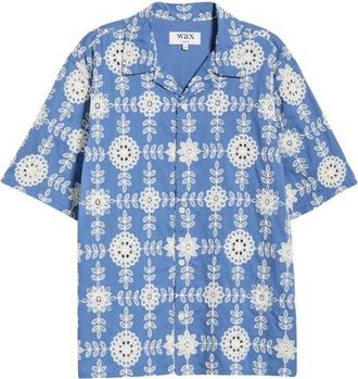 Wax London Didcot Corded Lace Camp Shirt in Blue /Ecru at Nordstrom, Size Xx-Large