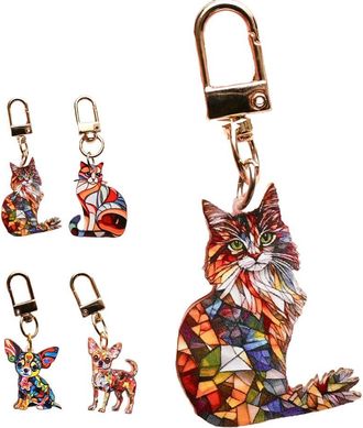 Generic Cats & Dogs Stained Art Keychain, Colorful Geometric Mosaic Glass Spliced Keychain, Baroque Pet Bags/Purse Charms (Long Hair Cat)