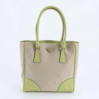 Prada Beige Green Leather Canvas Handbag Shoulder Bag Tote Bag (Pre-Owned)
