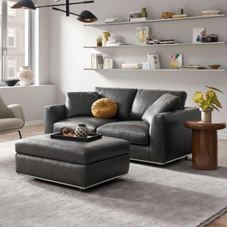 Castlery Leather Loveseat with Removable Covers and Hidden Storage Ottoman - Grey | Hamilton by Castlery