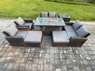 Fimous Outdoor Garden Furniture Sets 8 Pieces Wicker Rattan Furniture Gas Firepit Dining Table Sofa Set with 2 Big Footstool Side Table in Dark Grey