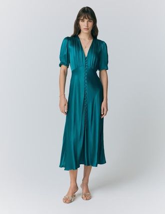 Ghost London Madison Satin Midi Dress in Emerald Sea at Nordstrom, Size 10