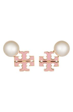 Tory Burch Moondance Faux Pearl & Icon Stud Earrings in Tory Gold /Pearl /Pink at Nordstrom