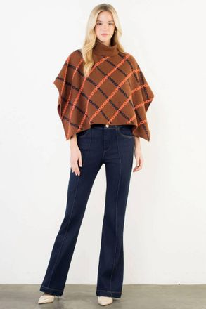 THML Clothing Mockneck Chain Print Jacquard Poncho In Brown