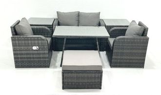 Fimous Fimous Outdoor Garden Furniture Set Rattan Sofa Dining Table Set with Reclining Chair 2 Side Tables Big Footstool Dark Grey Mixed